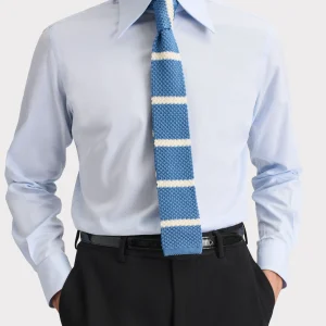 CRAVATE EN SOIE TRICOTÉE - BLEU À RAYURES BLANCS