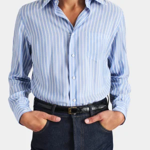 CHEMISE COL LARGE EN POPELINE DE SOIE - RAYURES BOUCHER BLEUS ET BLANCS