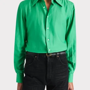 CHEMISE COL LARGE EN COTON ET SOIE - VERT KELLY