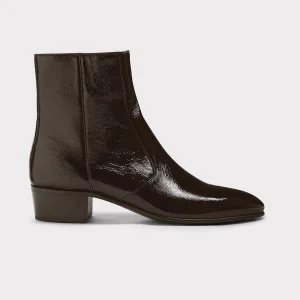BOTTINES ZIPPÉES EN CUIR DE VEAU VERNI CRAQUELÉ - ÉBÈNES
