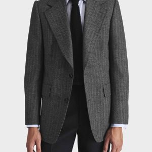 VESTE DROITE EN SERGÉ DE LAINE ET MOHAIR 2-PLY - CHEVRONS NOIR ET GRIS