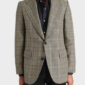 VESTE DROITE EN SERGÉ DE LAINE PEIGNÉE ET LIN - BLEU MARINE ET SARCELLE GLENCHECK