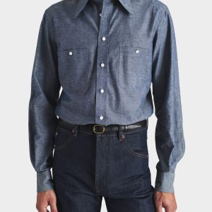 CHEMISE COL LARGE EN CHAMBRAY DE COTON ET LIN - BLEU FONCÉ