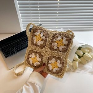 2022夏女士时尚潮流花朵方块多色手提斜挎女编织包厂家新款代发