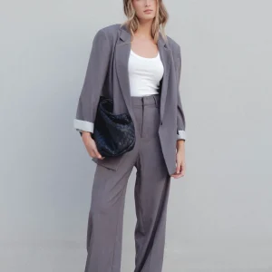 Pantalon Large Taille Haute Gris Élastique Avec Pinces