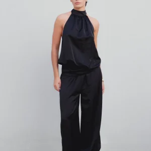 Pantalon bombacho satiné noir – Coupe bouffante – Taille élastique