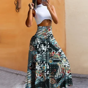 Jupe Fleurie Taille Haute Coupe Ample