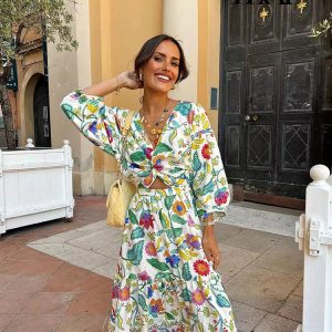 Robe Fleurie Colorée à Manches Lanterne