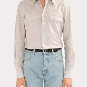 CHEMISE COL LARGE EN POPELINE DE COTON - RAYURES GRISES ET BLANCHES