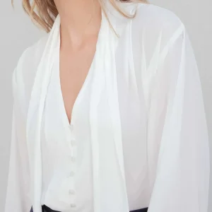Blouse Fluide Élégante Blanche À Nouer - Design Minimaliste, Col Plongeant, 100% Polyester