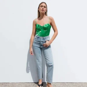 Body corset satin vert effet structuré