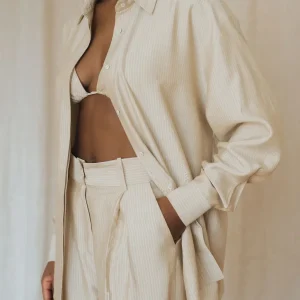 Chemise à Rayures Beige en soie pour femme