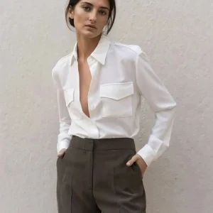 Chemise Blanche Femme À Poches, Élégance Pratique Pour Toutes Occasions