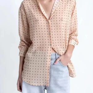 Chemise Transparente Femme À Pois Noirs – Blouse Fluide Chic Et Légère En Voile Nude