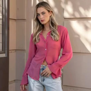 Chemise Transparente Femme Rose à Manches Longues, Élégante et Fluide pour Bureau et Soirée