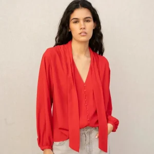 Chemisier Col Lavallière Femme Rouge Fluide à Manches Longues - Chic et Élégant