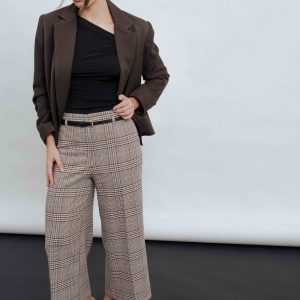 Pantalon Culotte À Carreaux Marron en Polyester et Viscose