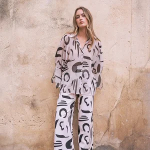 Pantalon fluide imprimé noir blanc abstrait