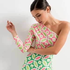 Body imprimé géométrique rose vert manches longues