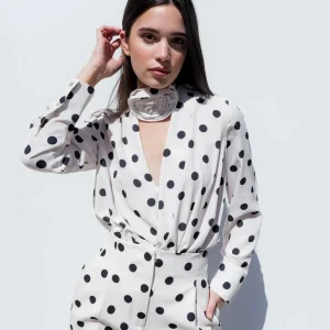 Pantalon fluide à pois noir blanc taille haute