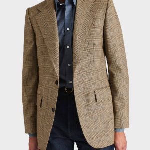 VESTE DROITE EN SERGÉ DE LAINE PEIGNÉE - NOIR ET BEIGE GLENCHECK