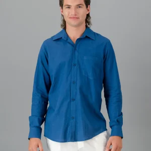Men's blue linen shirt - Long sleeve- Denim Blue