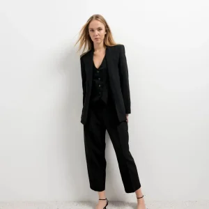 Pantalon court plissé taille basse noir beige