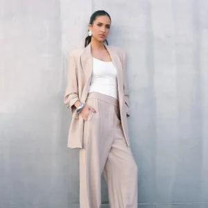 Pantalon fluide beige texturé taille haute