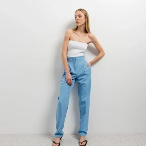 Pantalon À Pinces Taille Haute Bleu