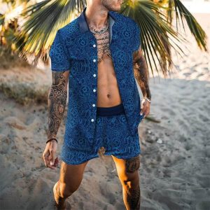 Chemise A Fleur Homme  Hawaïenne Vintage Bleu Foncé