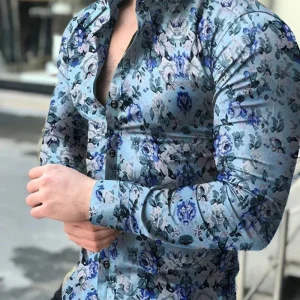 Chemise A Fleur Homme  Longue Bleu Clair