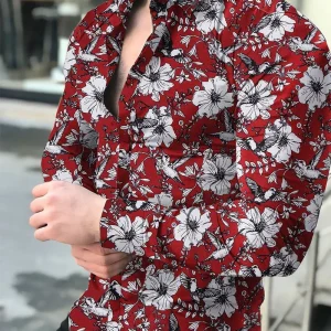 Chemise A Fleur Homme  Longue Rouge Bordeaux