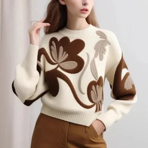 Pullover Fleuri Beige Pour Femme