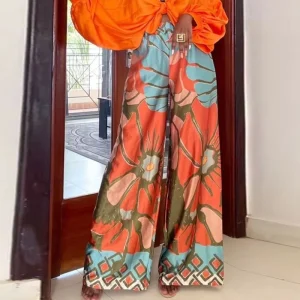 Pantalon Large Fleuri  Femme Orange
