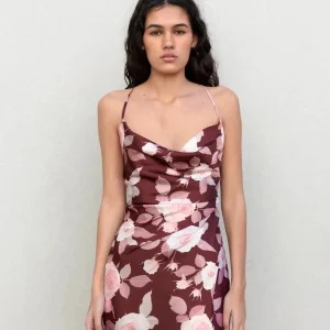 Robe Longue Fleurie Femme En Satin, Dos Nu Croisé, Fente Élégante