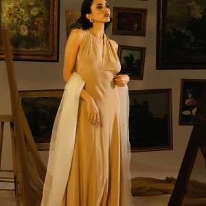 Robe Marron Clair Longue Dos Nu en Soie