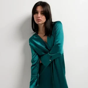 Robe Satin Manche Longue Croisée Midi Sarcelle