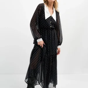 Robe longue à pois noire et blanche