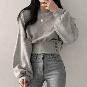 Le Sweatshirt femme court à manches bouffantes – Style européen casual chic