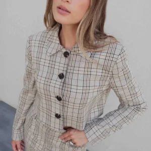 Pantalon à carreaux beige taille haute