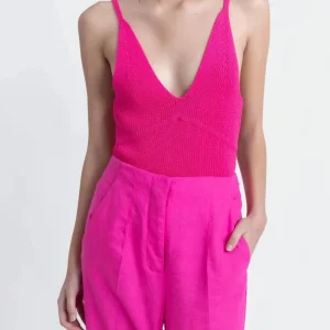 Pantalon Femme Mode Lin Rose Fuchsia Taille Haute Fluide