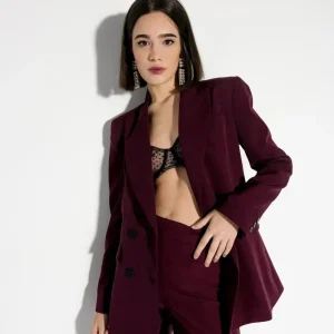 Blazer Femme Bordeaux Double Boutonnage Croisé, Tissu Structuré, Élégance Moderne
