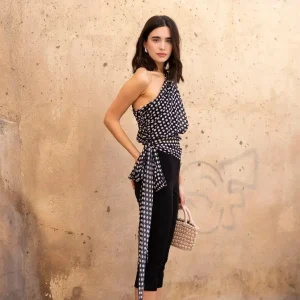 Top asymétrique imprimé pois noir blanc